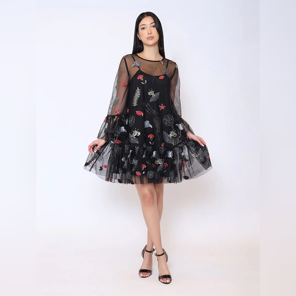 Gracia Floral Embroidered Mesh Layered Dress